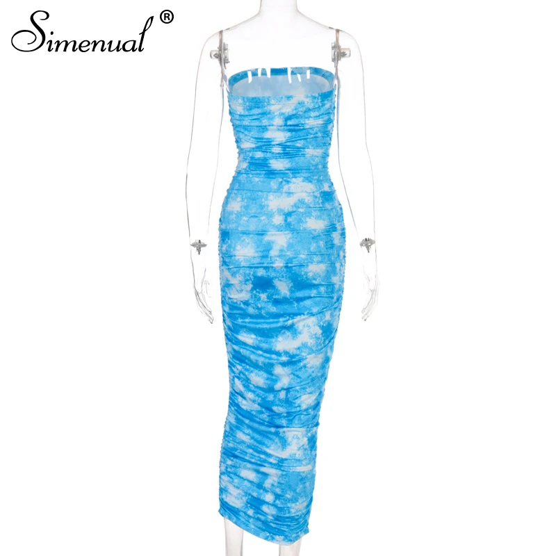 Simenual Tie Dye Ruched Strapless Maxi Dresses Women 2020 Summer Fashion Skinny Bodycon Clubwear Sexy Hot Party Dress Wrap Chest