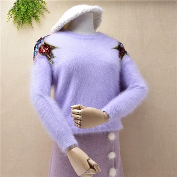 

Softest from Korea winter female o-neck angora rabbit fur fish beading slim long sleeves mink cashmere pullover sweater coat
