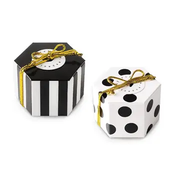 

Hexagon Candy Box Bulk with Gold Ribbon And Round Card Black Stripes Style Design For Wedding Candy Pack of 50