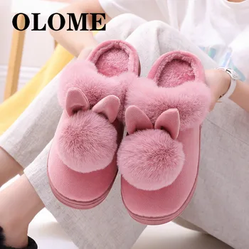

Newest Couple Winter Fur Slippers Women Men Flat TPR Non Slip Warm Plush Slipper Animal Cartoon Rabbit Shoes Cozy SZB1903