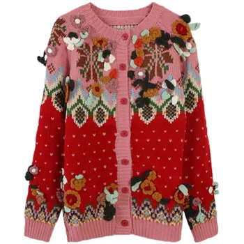 

Women's sweater 2020 autumn / winter women's shirt three-dimensional crochet round neck long sleeve loose knit cardigan