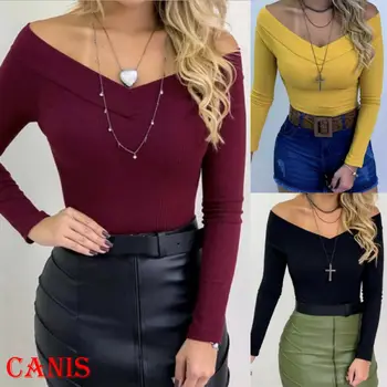 

Women Lady Long Sleeve Off Shoulder Deep V Neck Slim Sexy Fashion Jumpsuit Stretch Bodysuit Leotard Tops