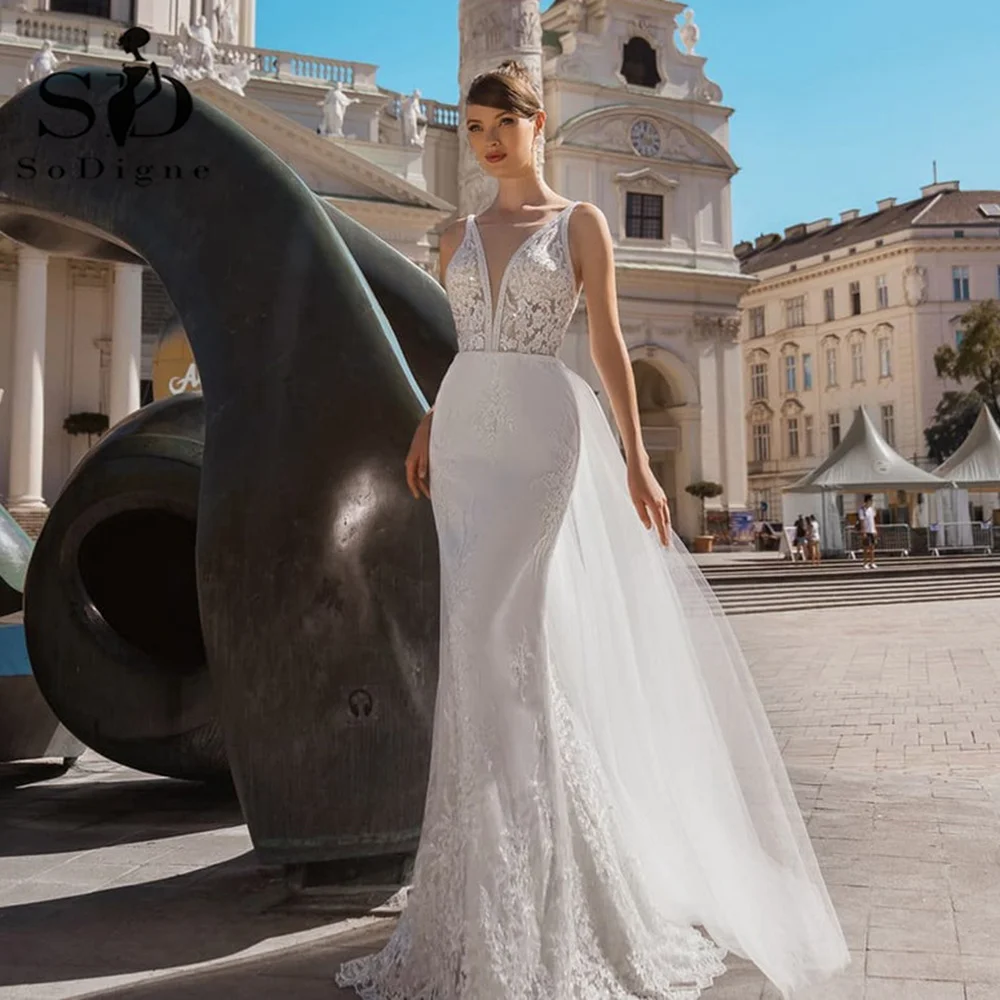 

SoDigne Lace Mermaid Wedding Dress Appliques Sexy V Veck Boho Bridal Dress With Detachable Tail robe de mariee Wedding Gown