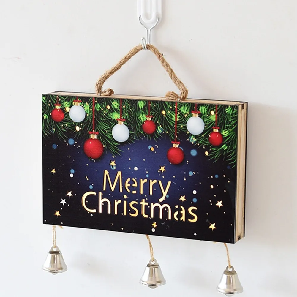 

Christmas Door Plate Board Christmas Tree Bell Red Fruit Pattern Square Wooden Pendant Home Festival Wooden Doorplate