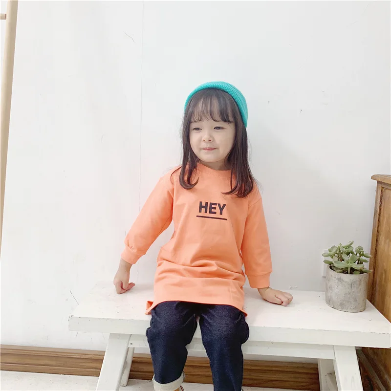 Korean Style Autumn Girls Pure Cotton Long T Shirts Kids Letters Printing Casual Tops Clothes