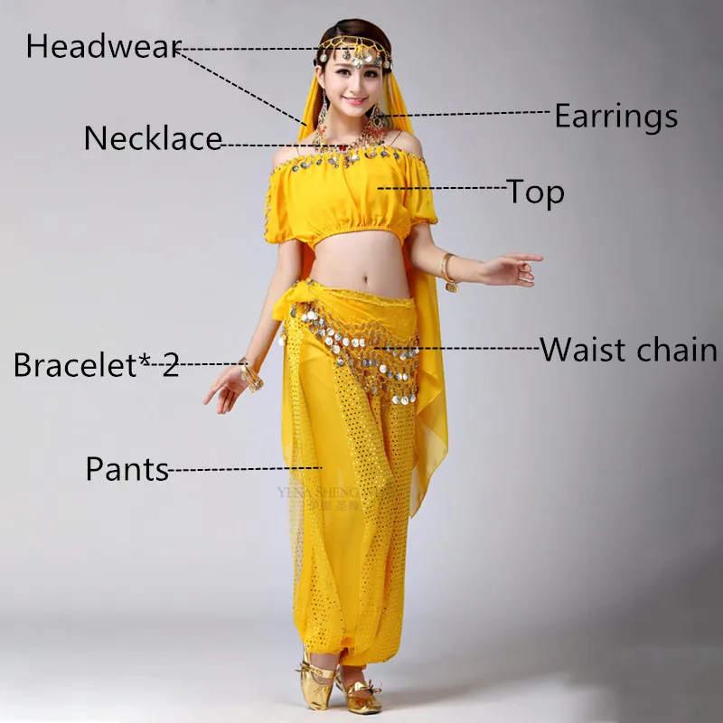 Yellow 7pcs Взрослый Индийский танец живота костюмы наборы шифон Болливуд Восточная женщина набор костюма для танца живота Болливуд танцевальные костюмы - Цвет: Yellow 7pcs