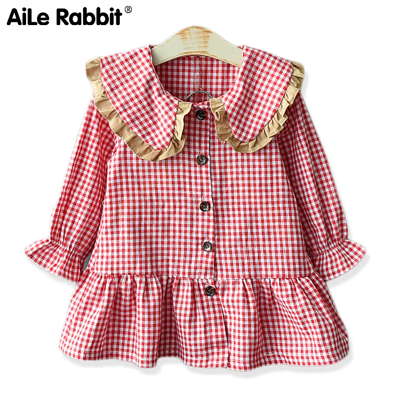 Новое Осеннее клетчатое платье с длинными рукавами для девочек модное клетчатое платье-рубашка детская одежда с кукольным воротником классический женский стиль