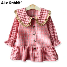 Новое Осеннее клетчатое платье с длинными рукавами для девочек модное клетчатое платье-рубашка детская одежда с кукольным воротником классический женский стиль