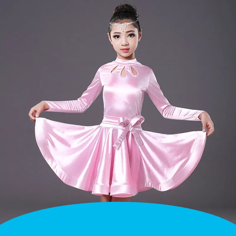 long sleeve pink Детское профессиональное платье для латинских танцев с длинным рукавом для девочек ча Румба Самба танец одежда Детский бальный костюм для танцевального конкурса - Цвет: long sleeve pink