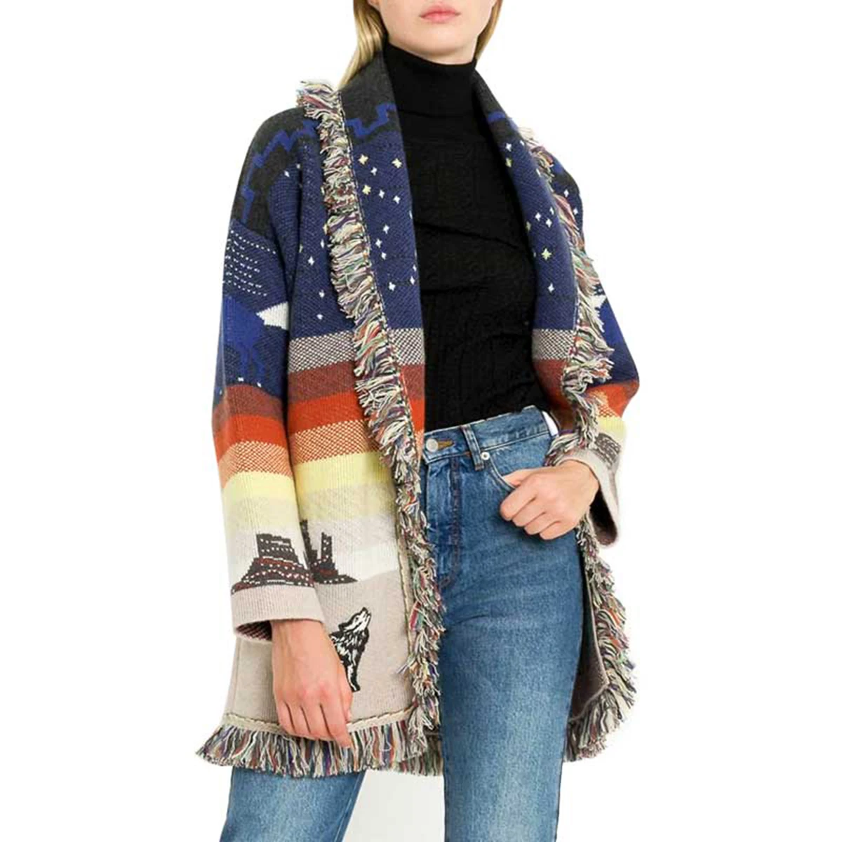 Jastie Retro Tassel Embroidered Jacquard Cardigan