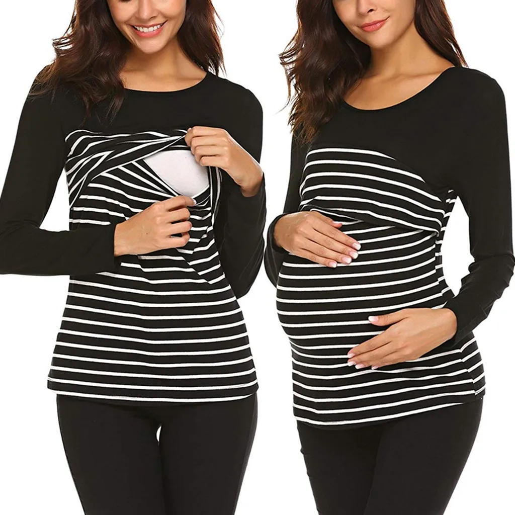 Женская блузка для беременных модная полосатая футболка с длинными рукавами для кормящих женщин блузка для грудного вскармливания женская повседневная одежда для беременных M50