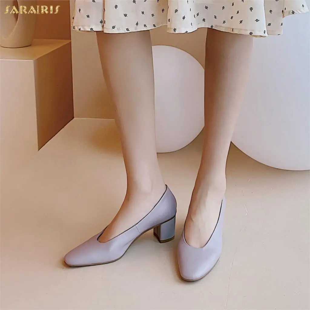 

Sarairis 2020 New Design Hot Genuine Cow Leather Square Heels Concise Shoes Woman Pumps Slip-On Spring/Autumn Office Lady Pumps