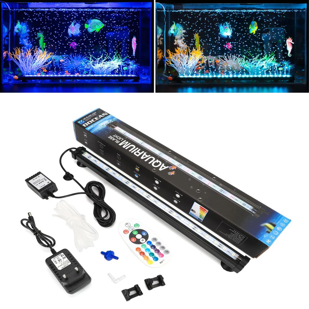 Luz LED para acuario con burbujas de aire, barra para tanque de peces, lámpara sumergible acuática, controlador RF, resistente al agua, 18-48CM, 5050 RGB, enchufe UE/EE. UU.