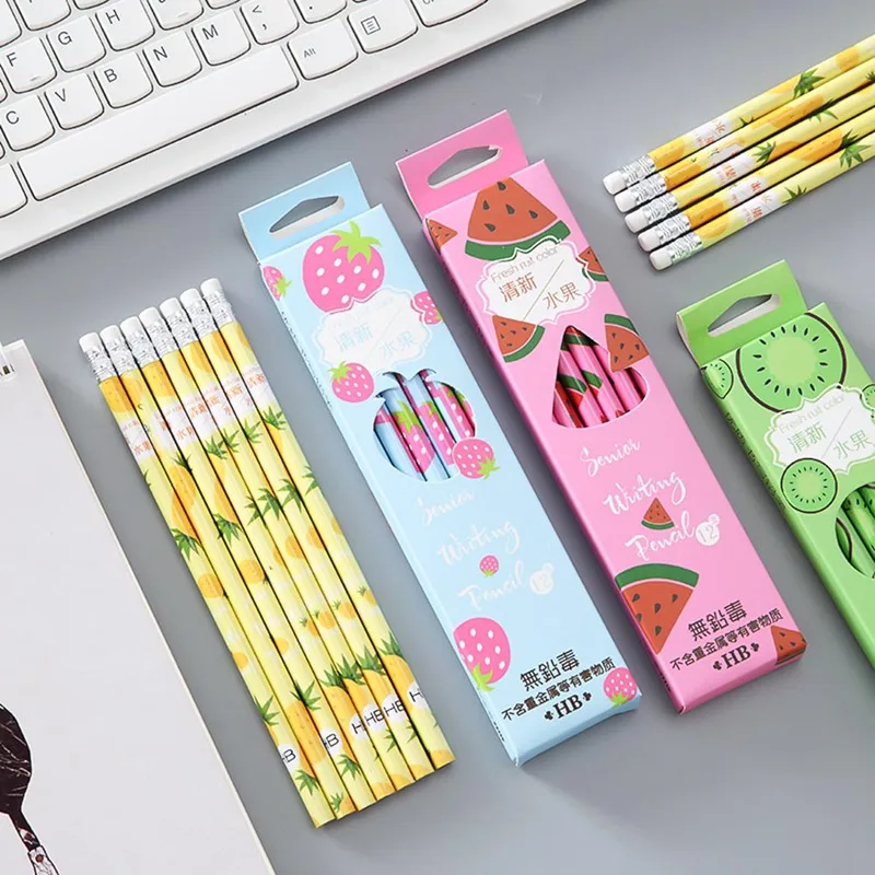 12 Pcs/box Fresh Fruit Color Pencil With Eraser Creative School Student Stationery HB Black Pencils For Kids Writing Gift Supply