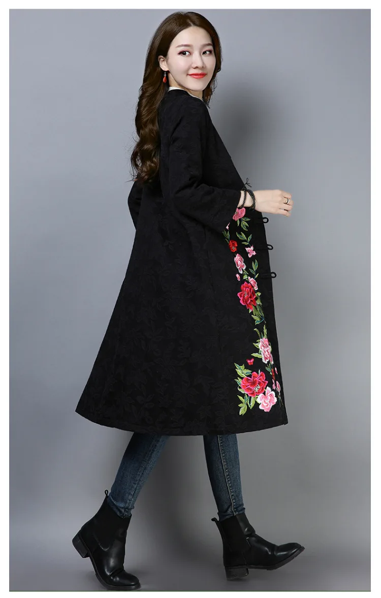 Autumn And Winter New Style Retro National Wind Embroidered Jacquard Mid-length Cardigan Trench Coat Cotton Linen Coat Women's