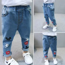 Новинка года; стильные брюки для девочек; модные милые универсальные джинсы с рисунком Микки Мауса