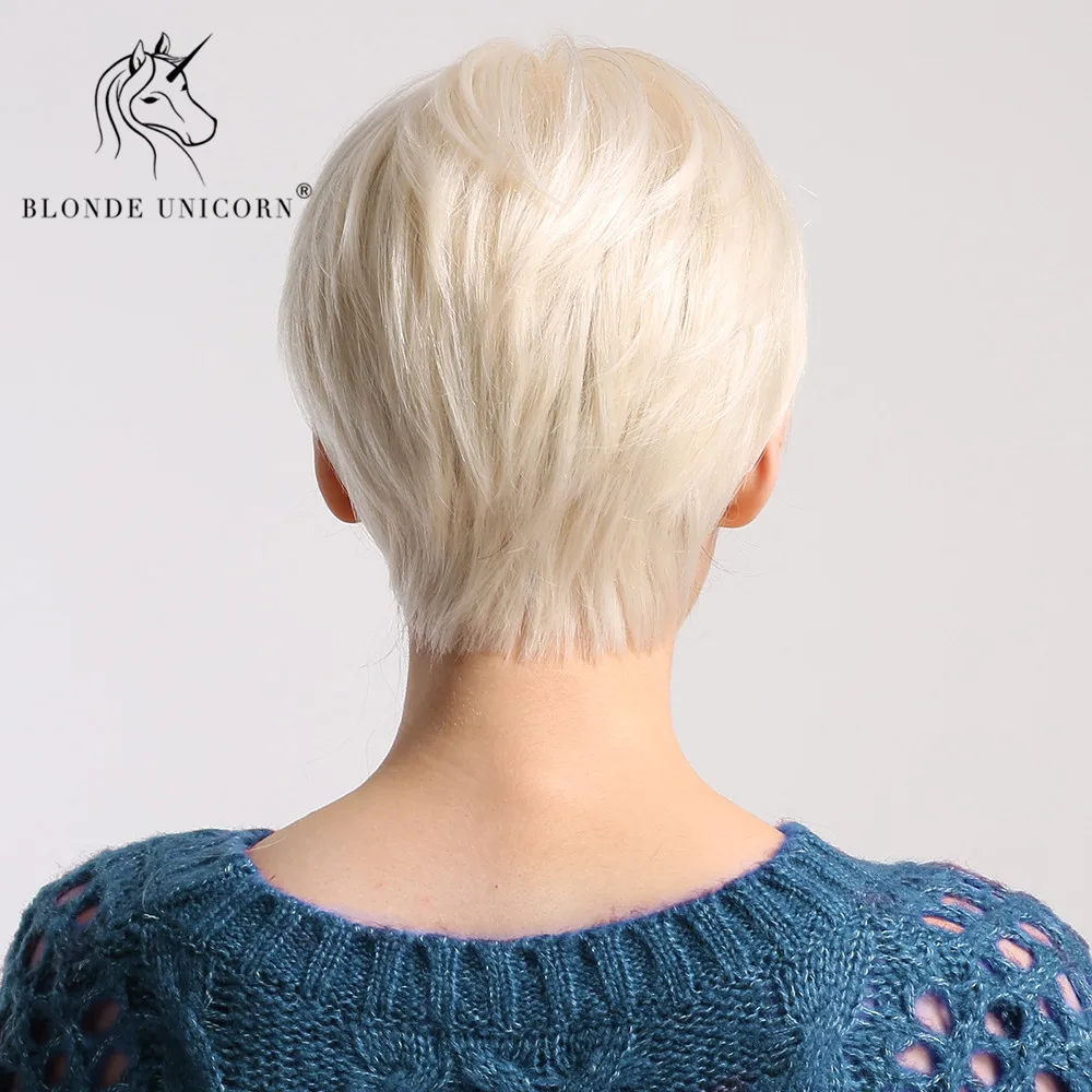 Блонд, единорог, 6 дюймов, синтетический короткий прямой парик для женщин, 50% человеческие волосы, белый, пушистый, короткая текстура, стриженый парик