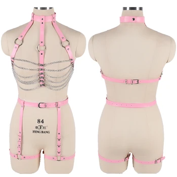

Pink Leather Harness Bra Set for Women Body Chain Bra Garter Belt Harajuku Gothic Adjust Plus Size Sexy Lingerie Cosplay Rave