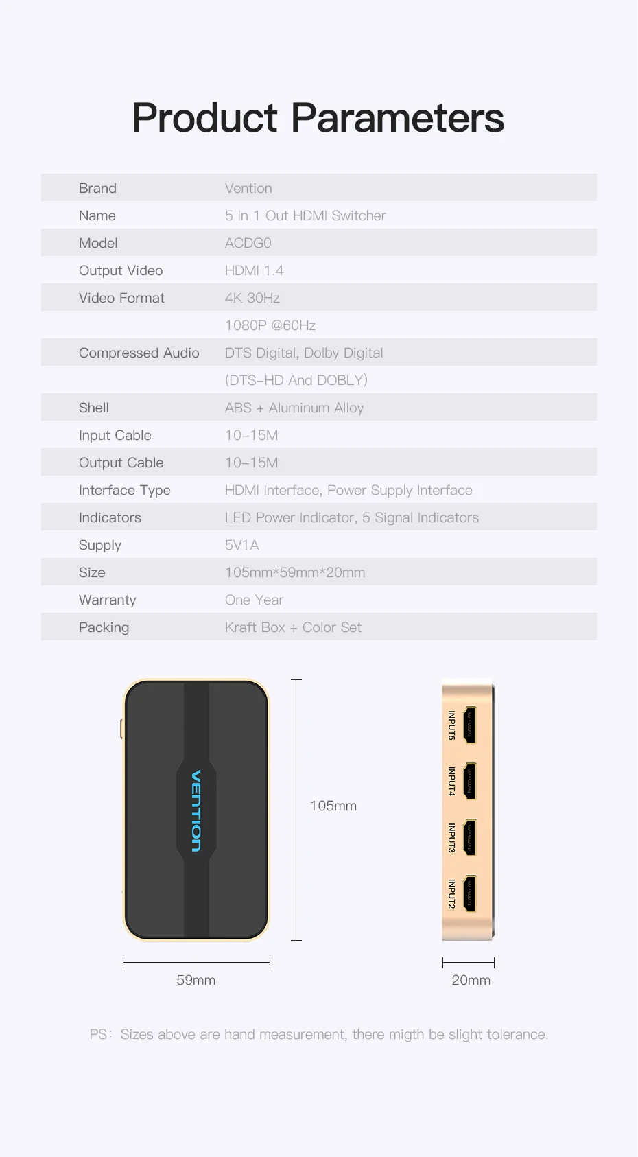 Vention HDMI разветвитель 5 входов 1 выход HDMI переключатель 5x1 для xbox 360 PS4 Smart Android HDTV 4K 5 в 1 выход HDMI переходник