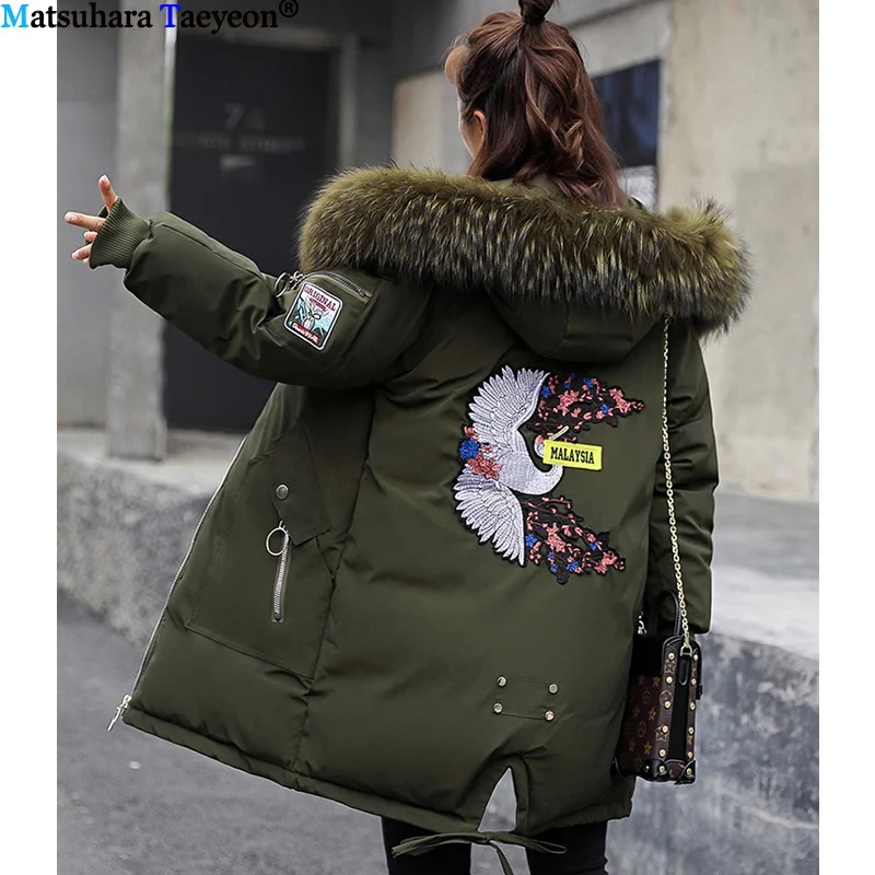 Хит, модное зимнее пальто с капюшоном, пуховик для женщин, Толстая теплая женская зимняя куртка с вышивкой, ветрозащитная парка с аппликацией - Цвет: Бежевый