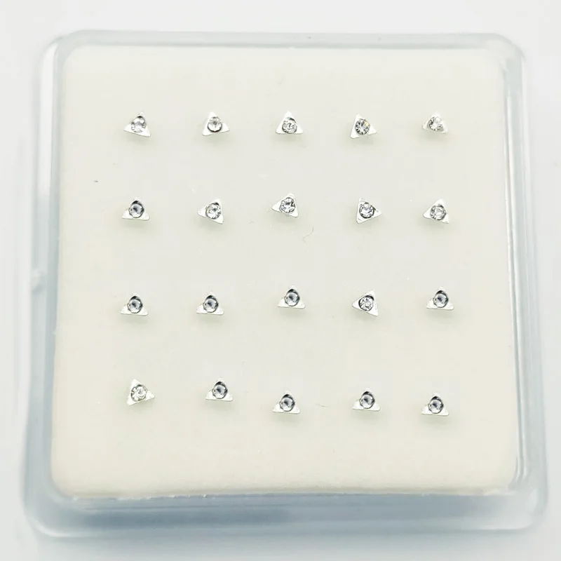 

925 Sterling silver triangle with clear crystal nose Pin Stud Unisex piercing nostril jewelry 20pcs/pack