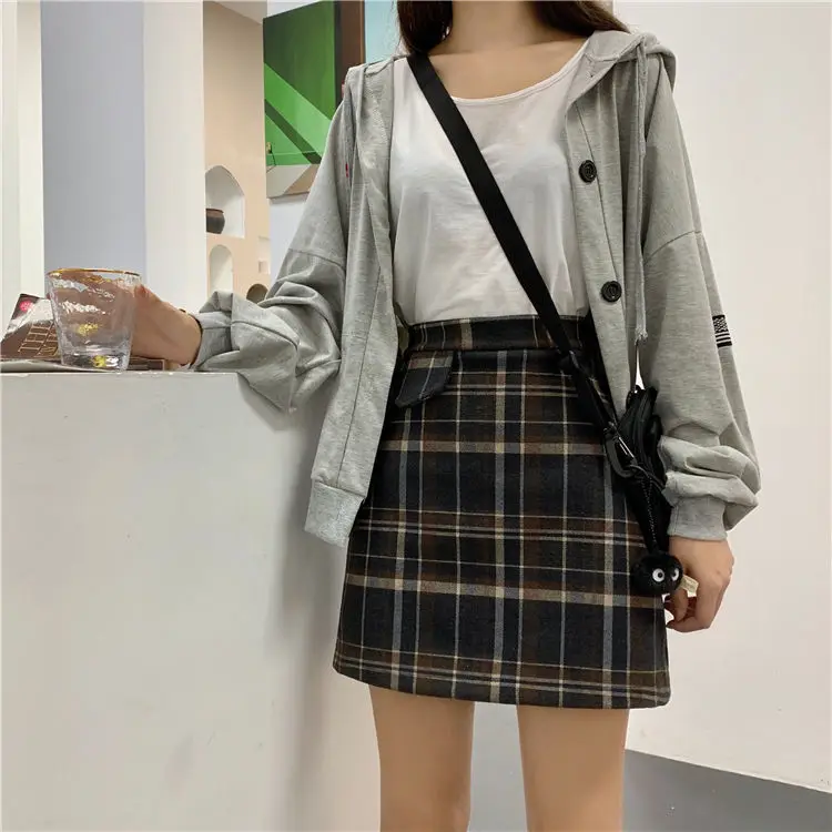 Autumn Winter Plaid Woolen Skirt Women Korean Short Mini Skirt Woolen Checked Skirts Harajuku Student Plus Size Saias Japanese