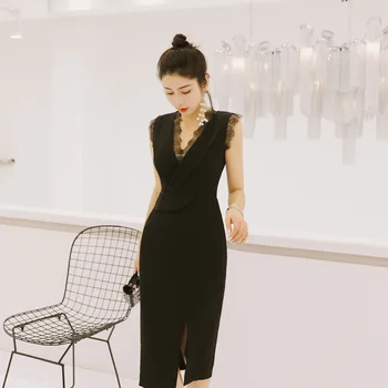 

Women's Dress 2020 Summer New Women's Sexy V-neck Lace Stitching Slim Temperament Split Sleeveless Dress Elegant Dress