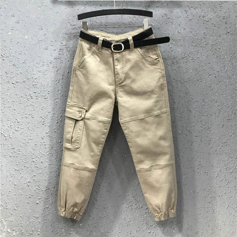 khaki pants Woherb, модные новые женские брюки-карго длиной до щиколотки, одноцветные джинсовые брюки с высокой талией, винтажные повседневные свободные штаны в Корейском стиле 91317 - Цвет: khaki pants