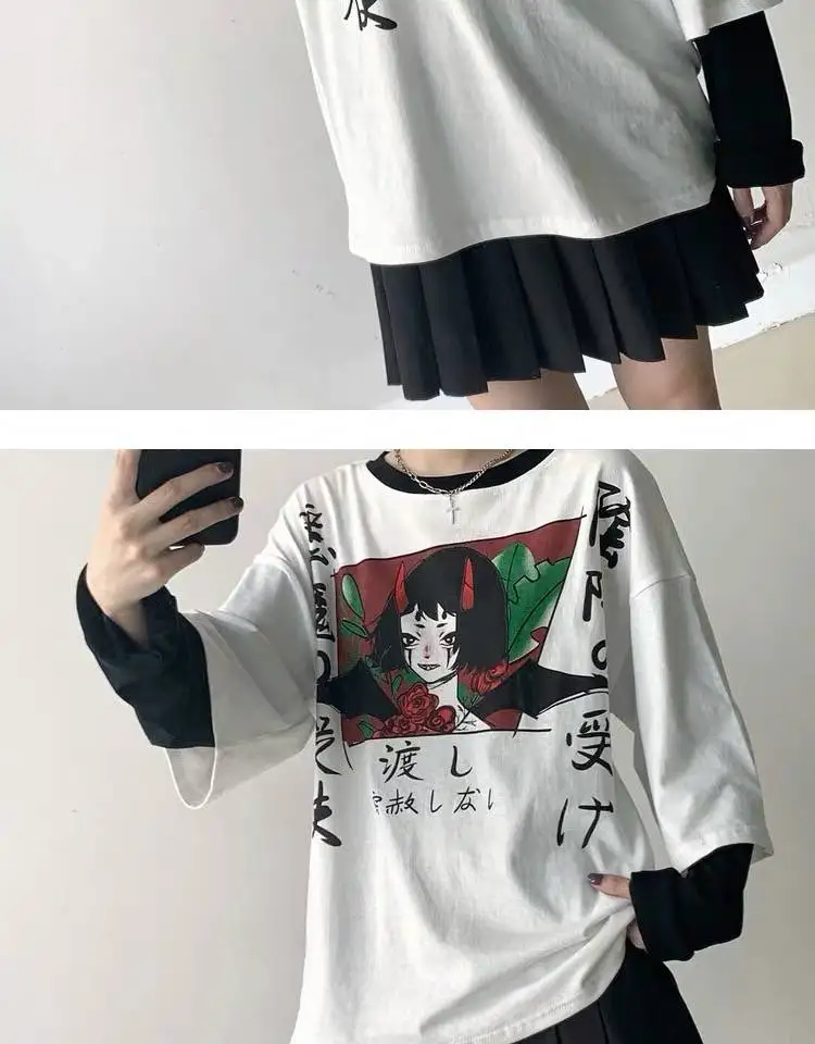 Woherb/футболка в японском стиле Харадзюку с круглым вырезом и принтом из мультфильма, с длинными рукавами, два предмета, свободные повседневные топы, уличная мода, новинка 90963