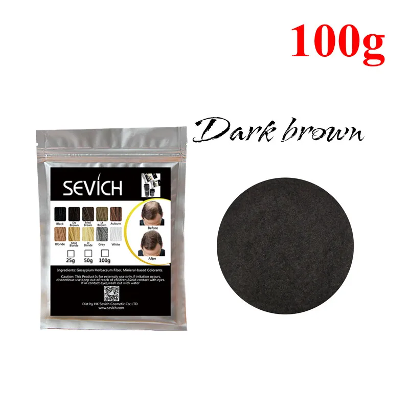 dk-brown Sevich refill, 100 г, продукты для выпадения волос, строительное волокно, порошки для волос, утолщенные тонкие волосы, 10 цветов, Кератиновое восстановление волос - Цвет: dk-brown