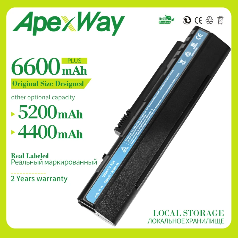 Черный аккумулятор Apexway для ноутбуков Acer Aspire One zg5 A110 A150 D250 ZG5 P531h Series LC.BTP00.043 UM08A71