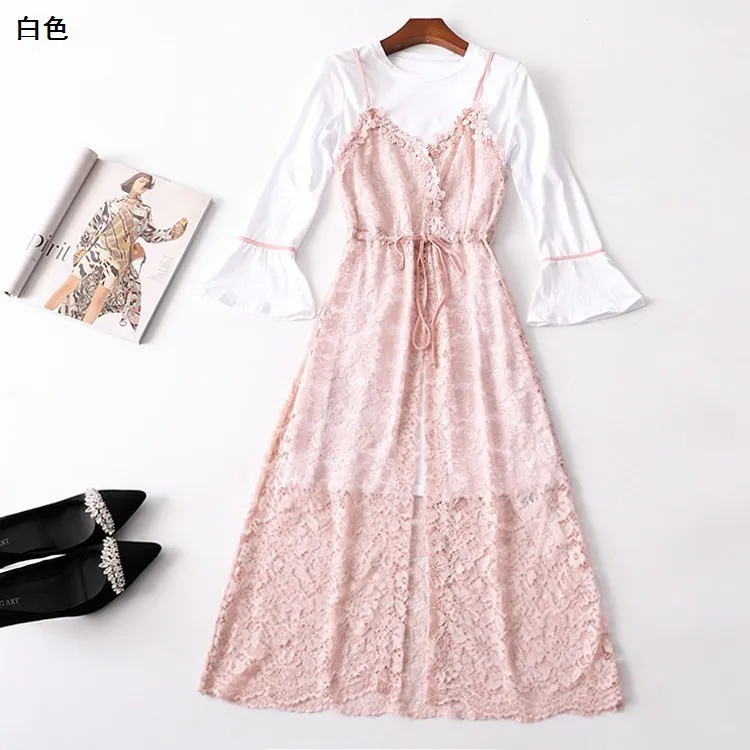 

New 222002 women s spring collar long sleeve 2 piece of pure color lace dress harness suits
