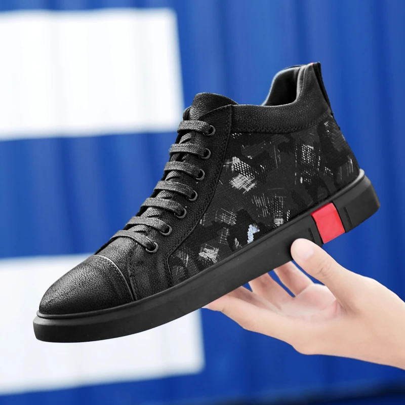 

High-Top Men shoes leather fashion High Tops Male boots Luxury Brand mens casual sneakers lace up Flats Printing shoes