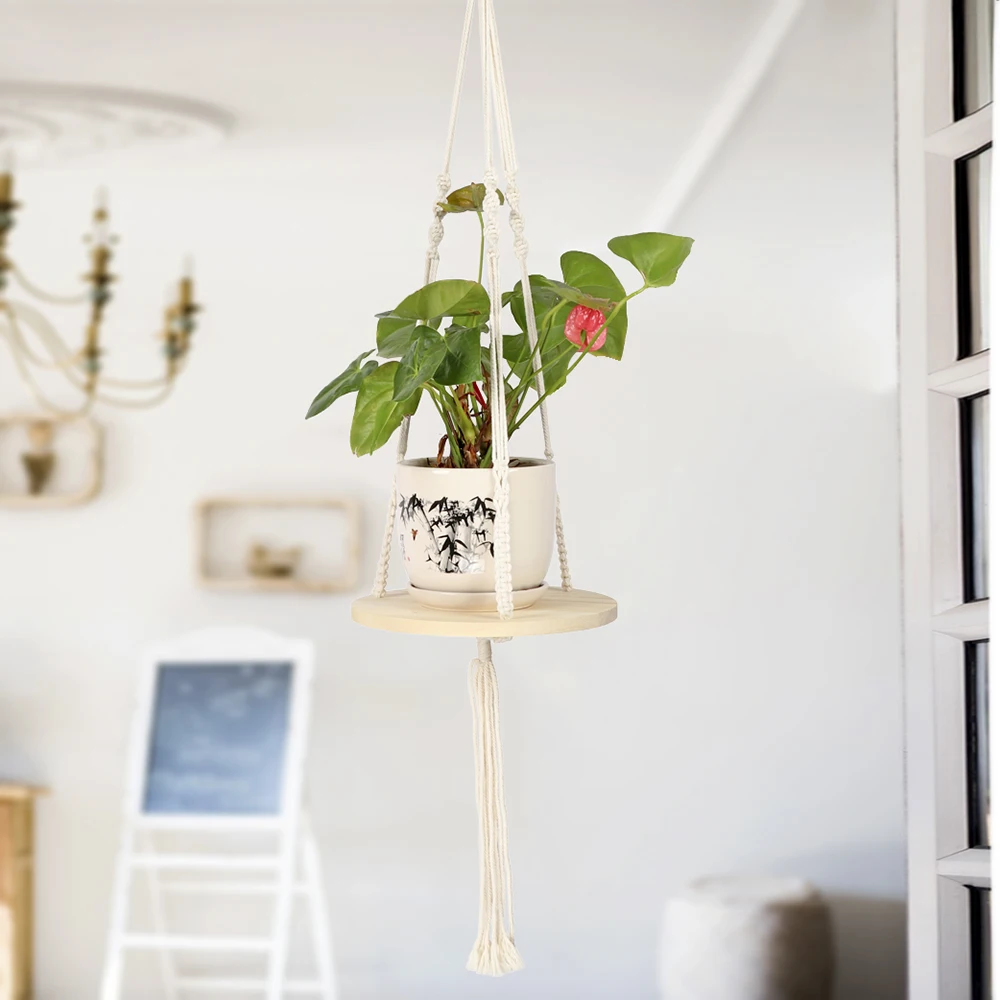 Macrame Shelf Planter Hanger for Indoor Plants with Wooden Shelf Bohemian Hanging Plant Stand for Modern Homes Decor Home Goods