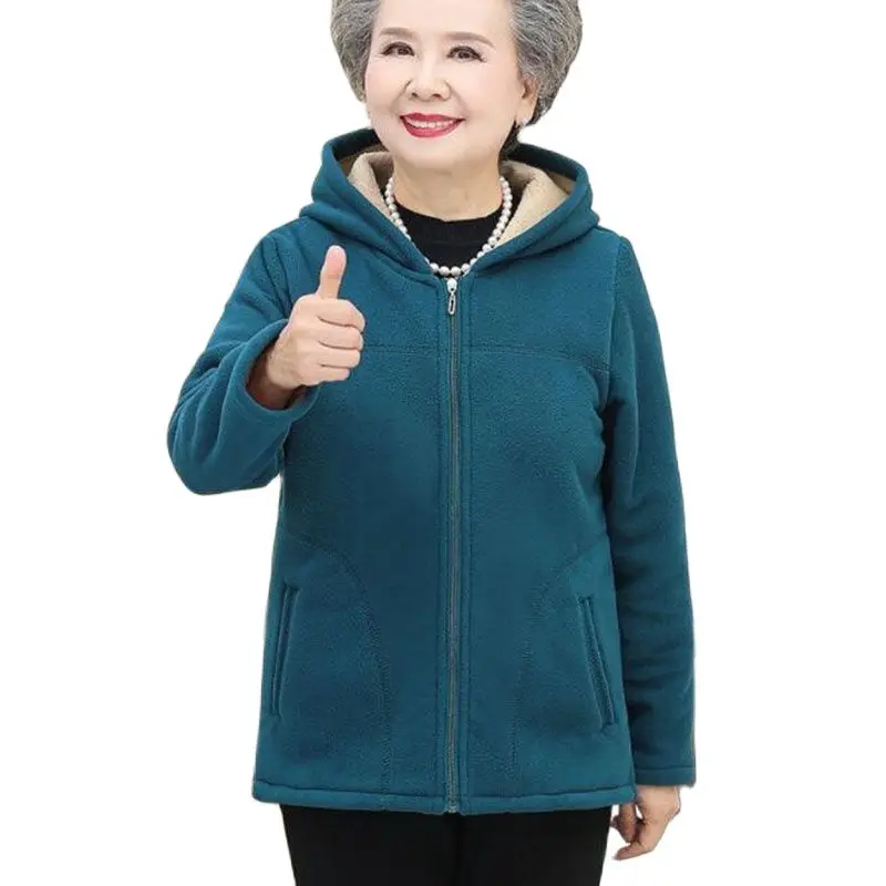 

Middle-Aged Elderly Mothers Shake Grain Velvet Hooded Hoodie Coat 2024 New Spring Autumn Short Long Sleeve Slim Ladies Jacket