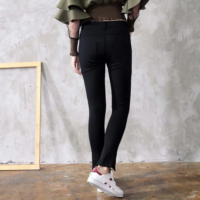 

High Street New Zipper Split Denim Pencil Pants Buttons Stretchy Skinny Jeans Woman Black Casual Long Trousers Female Bootcuts