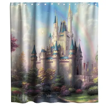 

Cinderella Castle Rainbow Forest Princess Lake White Swan Dream Theme Fabric Shower Curtain Sets Kids Bathroom Decor with Hooks