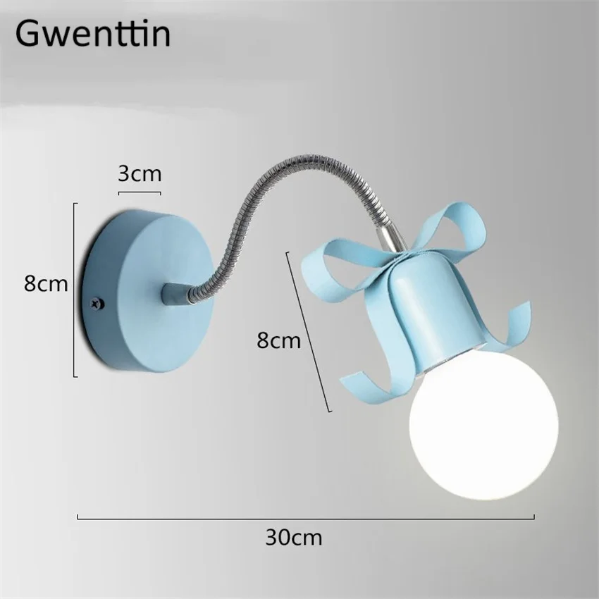 Современная железная настенная лампа с бантиком, светодиодная Регулируемая настенная бра, Светильники для детской комнаты, прикроватная тумбочка для спальни, домашний декор, осветительное приспособление - Цвет абажура: Синий