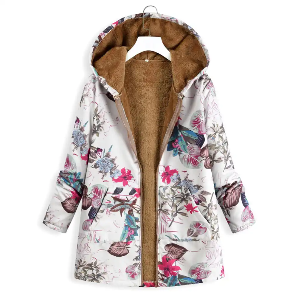 Women Floral Fleece Winter Casual Jacket Hooded Coat Jacket Outwear Plus Size.