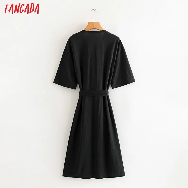 Tangada Women solid amy green long jumpsuit short Sleeve v neck bow tie female casual Jumpsuit HY35