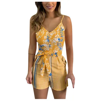 

Stripes print Playsuits Women Fashion Sleeveless Ladies Ruffles Bandage Print Jumpsuit Romper Playsuit Combinaison Femme
