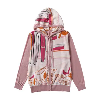 

New clothing hooded draw string ocean printing real silk knit long sleeve cardigan F8911