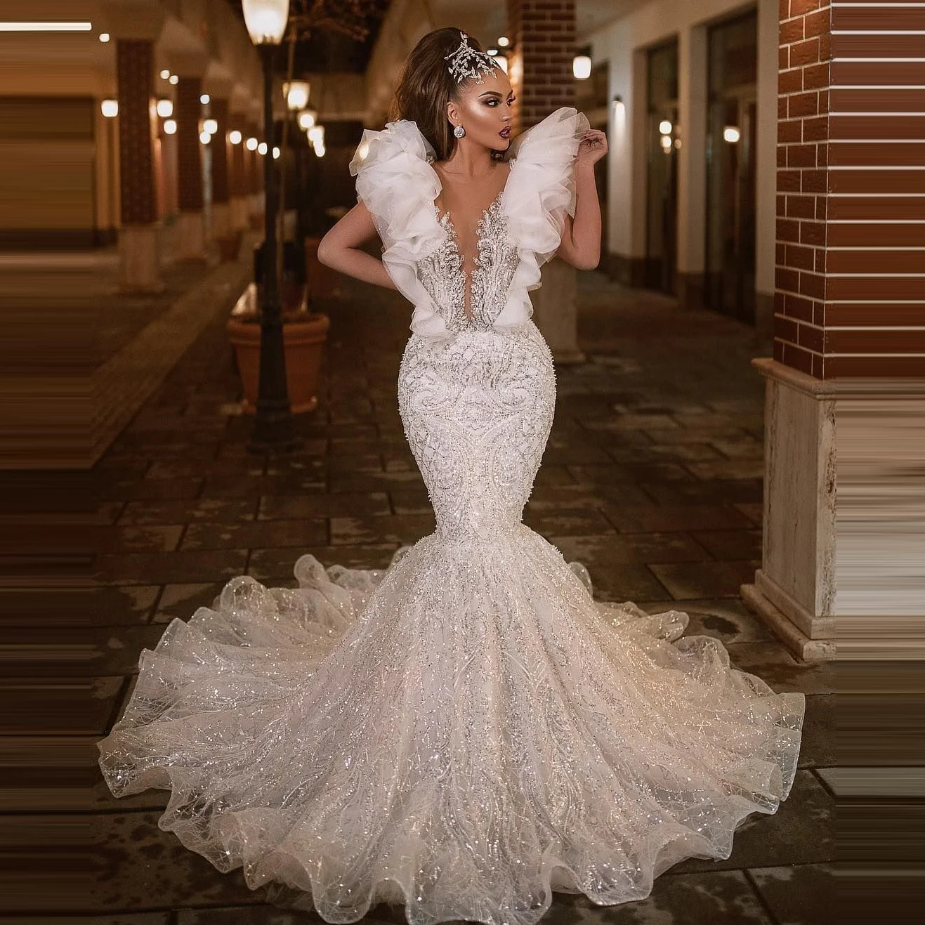 robe de mariee princesse de Lux Brdal платья Русалка с оборками и рукавами-крылышками аппликации из бисера прозрачное с круглым вырезом длинное платье невесты