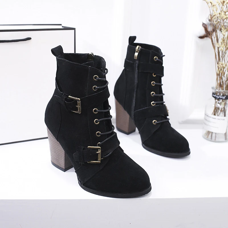 

Autumn Women Ankle Boots Fashion Round Toe Lace Up Buckle Suede Square Heels Ladies Flock Casual Comfort Warm Female Shoes