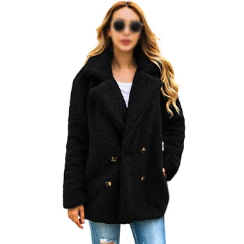 

Fashion Button Long Sleeve Pocket Warm Jacket Casual Lapel Granule Velvet Jacket Ladies Cardigan Plush Coat