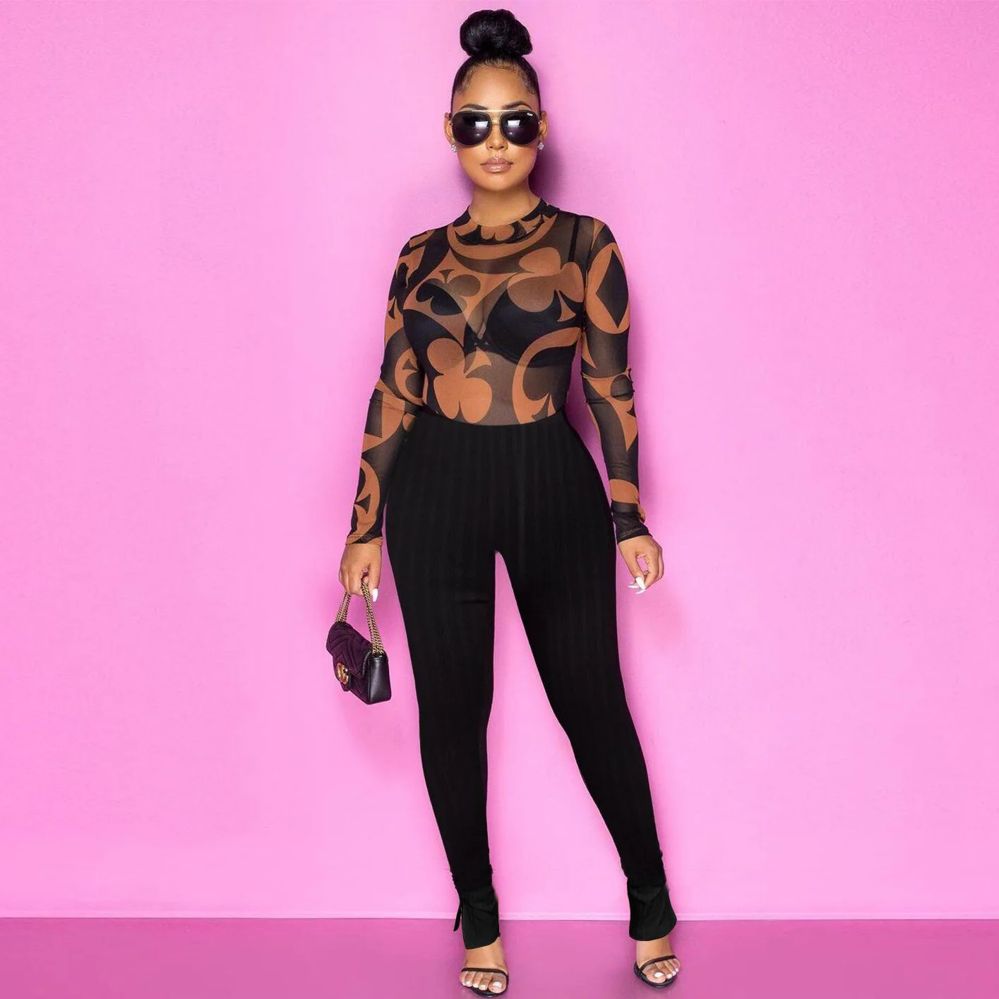Elasticity High Fitness Tracksuit Two Piece Outfits For Women Long Sleeve Mesh T Shirt Top+Pant Matching Sets |