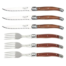 Cuchillo estilo Laguiole de 9 pulgadas, juego de vajilla de acero inoxidable, tenedor de cena con mango de madera, vajilla japonesa, Bar, 6 uds.