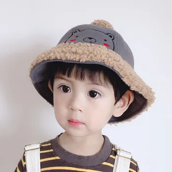 

Autumn Winter Baby Kids Boys Girl Cute Warm Hat Toddler Cartoon Print Bucket Hats With Ball Design Caps Reversible Sun Headwear