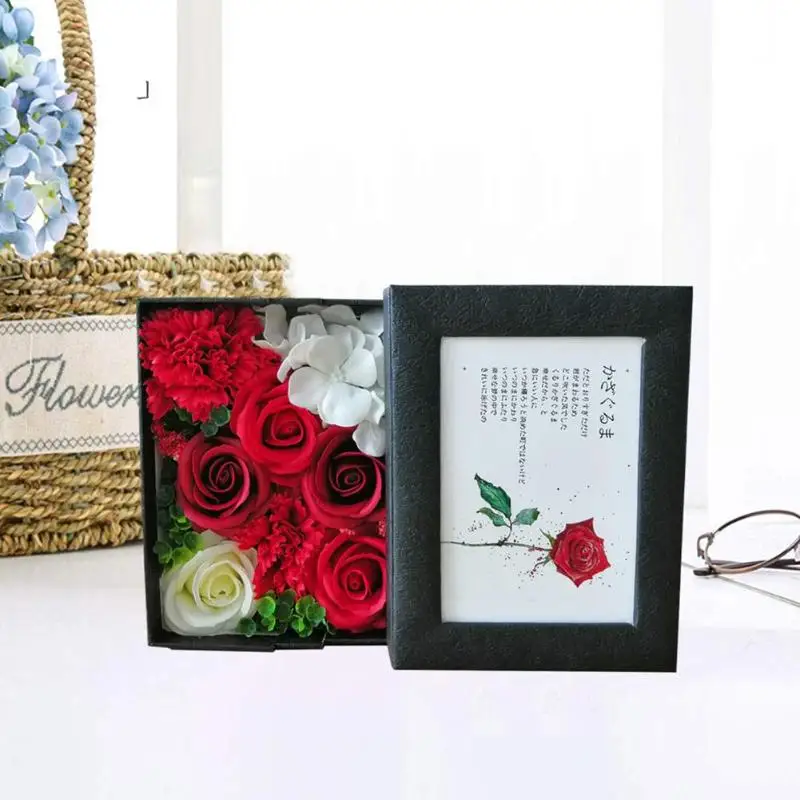 

Creative Soap Flower Box Valentine Birthday Wedding Decor Gift with Photo Frame Handmade Craftsmanship 160x120x70mm