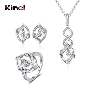 

Kinel Free Shipping Top Quality Silver 925 Bridal Wedding Party Jewelry Sets Natural Zircon Pendant Necklace Earrings Ring